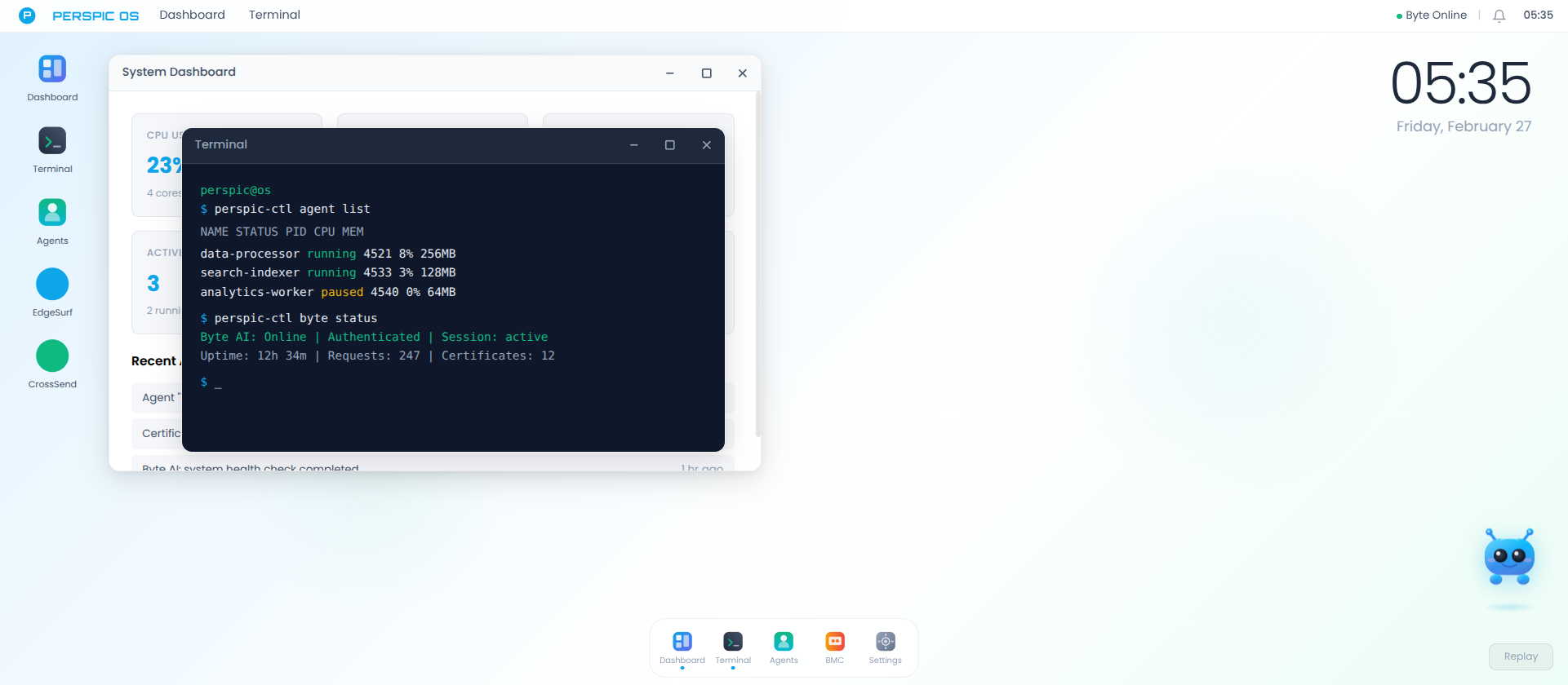 Perspic OS Desktop — dashboard, terminal, dock, Byte AI assistant